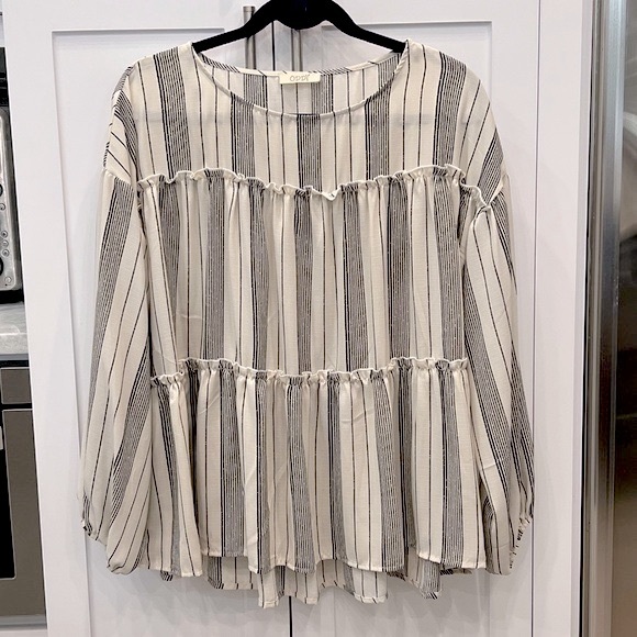 ODDY Tops - ODDY Beige with Black Stripes Peasant Style Top